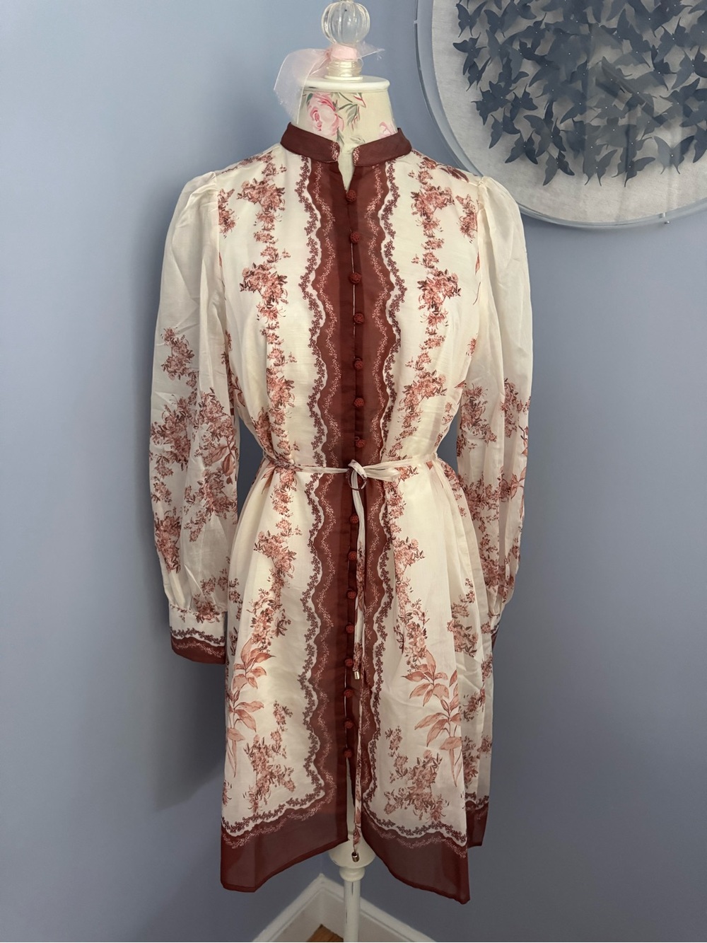 🆕 Calypso St. Barth Cream and Rust-Red Floral Long Sleeve Button Dress
